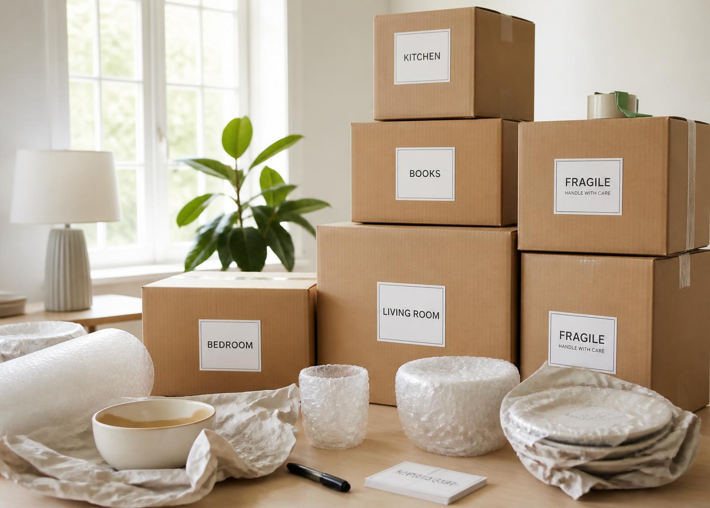 Neatly labelled and professionally packed moving boxes